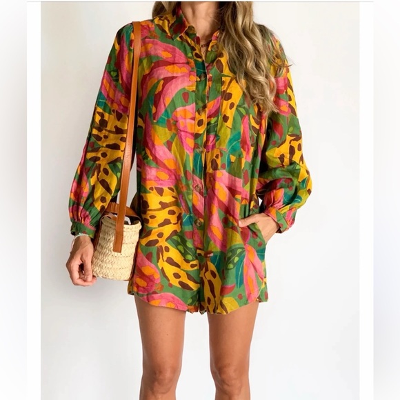 FARM Rio Pants - FARM Rio Multicolor Banana Long Sleeve Linen Shorts Jumpsuit Size Small